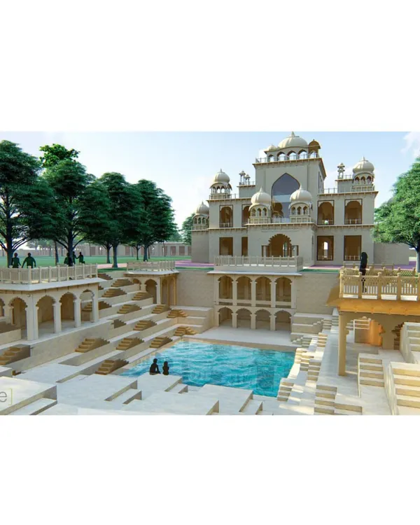 Our conceptual design for the Dhun Imagination Center in Jaipur. This render shows the transformation of a historic haveli into a center for artists, complemented by a newly designed 'baoli' or stepwell, creating a space for community interaction.