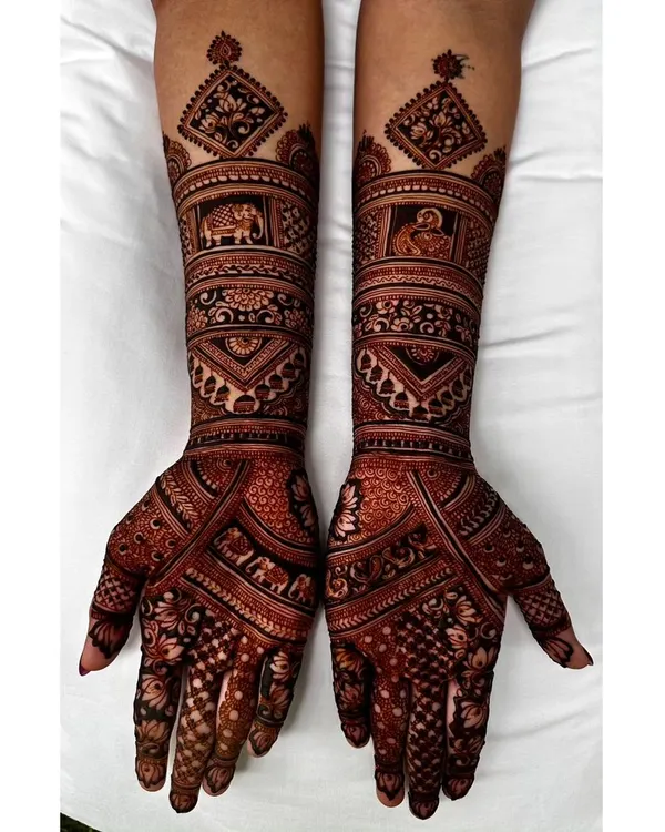 This design is a showcase of intricate traditional work. It features fine lines, geometric checks, and small elephant and swan motifs for a subtle yet deeply detailed look.