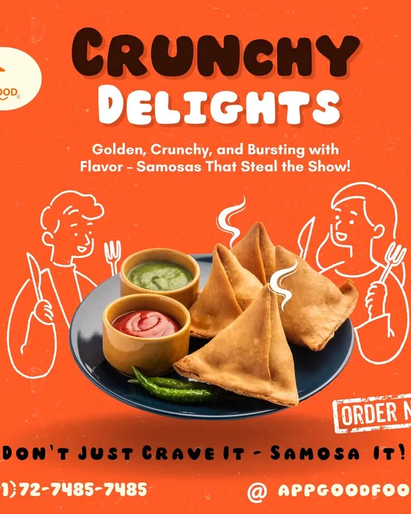 Don't just crave it, samosa it! Our crunchy delights are golden, flaky, and bursting with flavor. Served with green and red chutneys, they are the perfect mood-boosting snack.