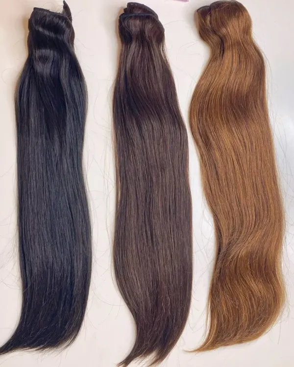 I offer a variety of natural shades to ensure a perfect match. Here are three of my most popular colors: natural black, dark brown, and a beautiful light brown.