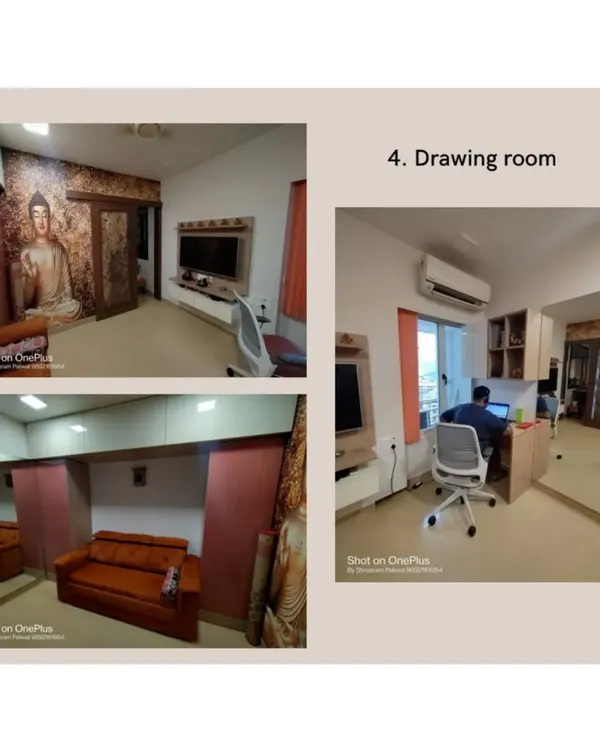 This collage shows a real-world example of a dual-function room. The space serves as a comfortable drawing room with a sofa by day, and the wall unit folds down to reveal a full bed for the night.