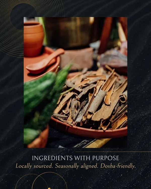 Ingredients with purpose. This image showcases locally sourced, seasonal ingredients like cinnamon sticks, which are fundamental to our Ayurvedic menus. We believe in food that is dosha-friendly and aligned with nature.