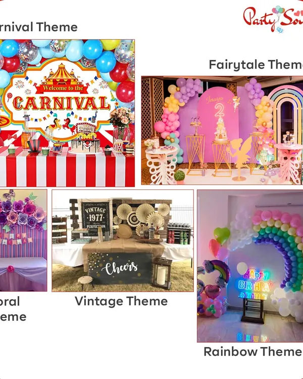 If you need help picking a theme, I've got you covered. This shows just a few popular ideas I can execute, from a vibrant Carnival or Rainbow theme to an elegant Vintage or Floral setup.