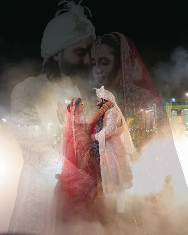 An artistic double-exposure shot combining an intimate couple portrait with a wider shot of their wedding ceremony. This technique creates a dreamy, layered story in a single frame.