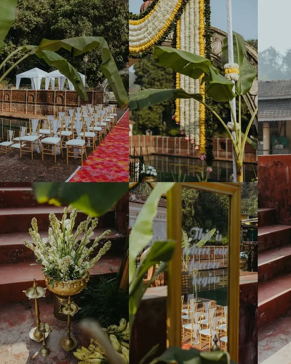 A collage of the beautiful, rustic decor from a traditional Goan wedding, featuring banana leaves, brass vessels, and a mirrored welcome sign.