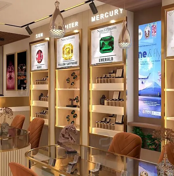 A 3D render of the GemLab showroom interior, designed for an interactive customer journey. The display modules are organized by gemstone type, featuring back-lit graphics and elegant shelving to showcase each product.