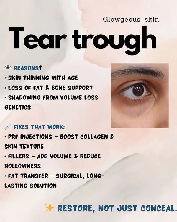 This infographic explains the reasons behind tear trough hollows, which include skin thinning, loss of fat and bone support, and genetics. I correct this non-surgically with targeted PRF injections to improve skin texture and fillers to add volume, restoring a rested look instead of just concealing the shadow.