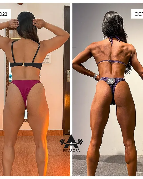 My 10-month transformation from January to October 2023. This back shot shows the incredible change in definition and leanness required for a bikini competition. This is the result of a strict diet and relentless training.