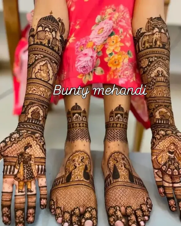 This full bridal mehendi showcases my signature Rajasthani style, complete with detailed Dulha-Dulhan portraits on the palms and matching intricate designs on the feet.