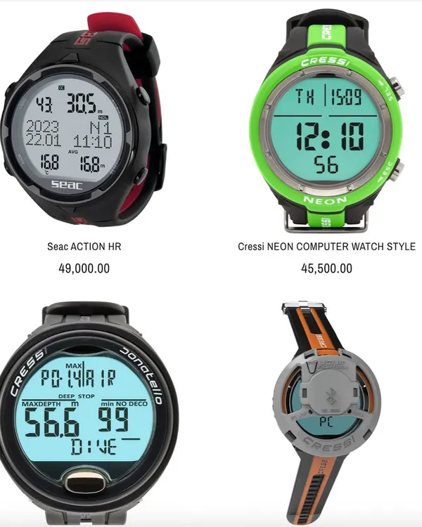 Choosing the right dive computer depends on your needs and budget. This image shows a few of the different models we offer, including the Seac ACTION, Cressi NEON, and Cressi Donatello, each with unique features.