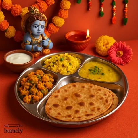 Celebrating the joy of Krishna Janmashtami with a thali that feels like a blessing. This festive meal with sabzi, dal, and khichdi is my way of sharing the love and tradition of home.