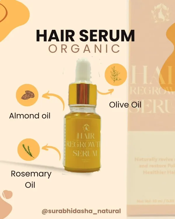 My Organic Hair Regrowth Serum is a potent blend of Almond oil, Rosemary oil, and Olive oil. These ingredients are known to naturally revive roots and restore follicles for healthier, fuller hair.