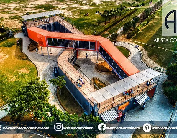 This aerial view captures the architectural complexity and scale of 'Cafe Infinity', a multi-level restaurant we constructed entirely from shipping containers. It demonstrates our ability to execute large, creative commercial projects.