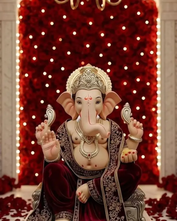 A classic and powerful Ganpati setup, pairing a wall of deep red roses with soft lighting to create a rich and devotional ambiance for Bappa's arrival.