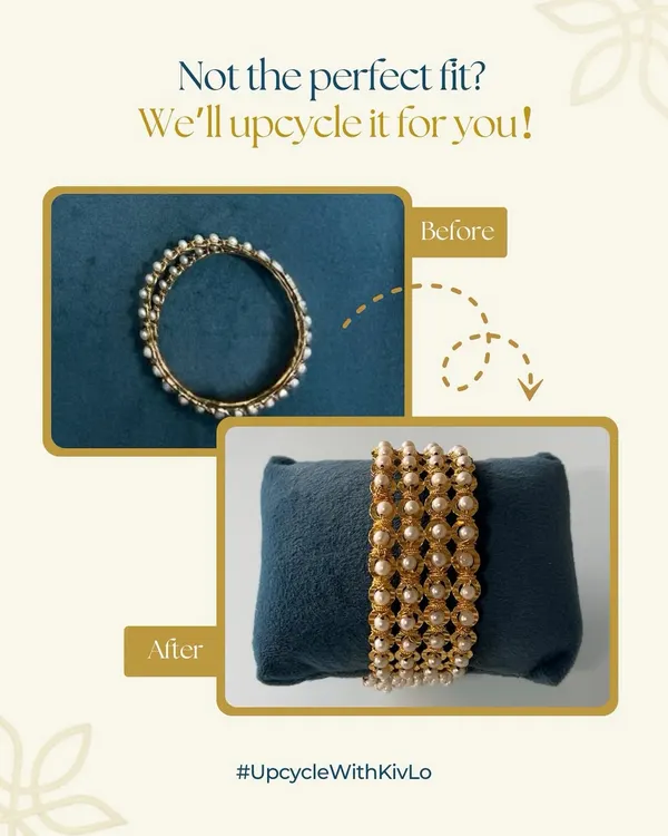 If your mom's bangles don't fit, we can upcycle them. These beautiful pearl bangles were reimagined into a modern and stunning bracelet that our client absolutely loves and can now wear with pride.