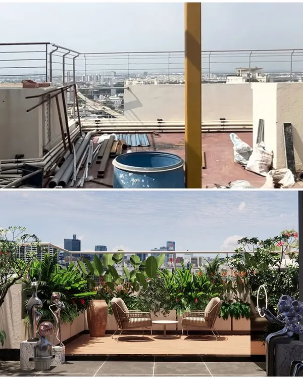 This is what we mean when we say we transform spaces. We took a cluttered, unused rooftop and converted it into a luxurious lounge with stunning city views. This project involved structural planning for the wooden deck, custom planters for lush greenery, and comfortable seating to create a perfect urban escape.