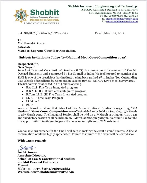 It was an honor to be invited to judge the final rounds of the 2nd National Moot Court Competition at Shobhit University. It feels surreal and humbling to move from being a participant in such events to now judging them, and I am grateful for the chance to contribute to legal education.