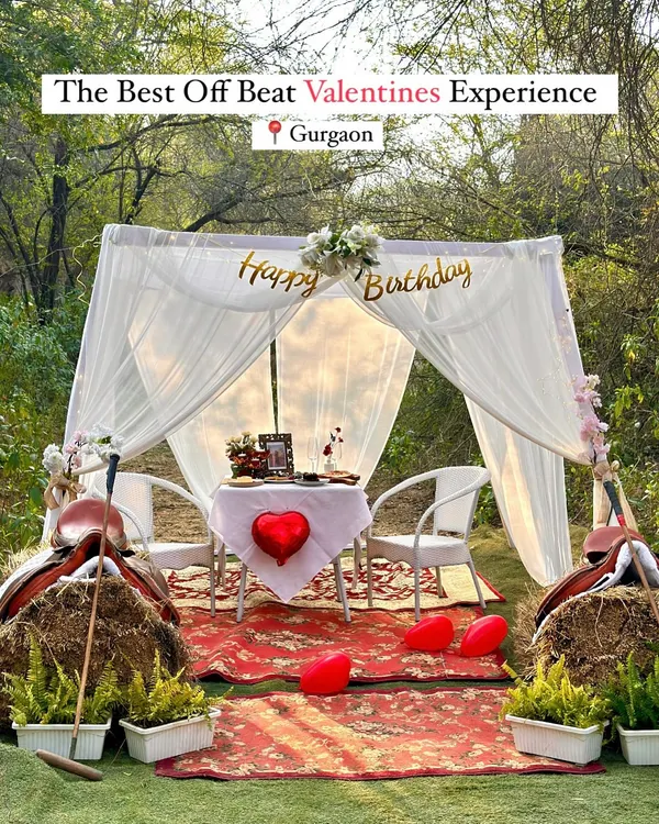 Celebrate your special moments in a truly unique setting. We create beautiful, private setups like this birthday canopy, complete with rustic hay bale seating and elegant decor, perfect for a romantic date or an intimate gathering away from the city.