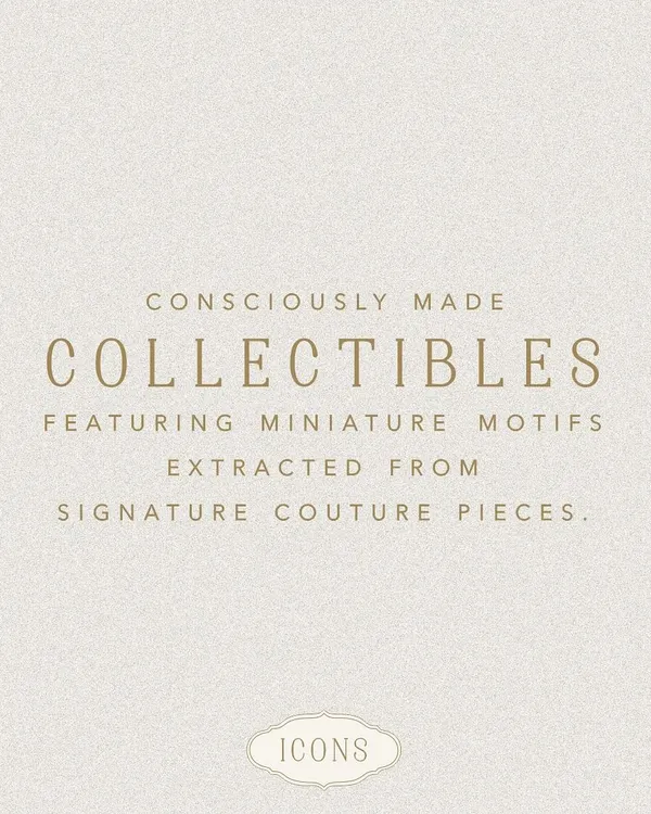 Our 'Icons' collection is where couture vision is reimagined for everyday wear. This image introduces our philosophy of creating consciously made collectibles from signature designer motifs.