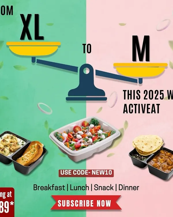 Our goal is to help you achieve yours, like going from XL to M. This graphic illustrates the weight loss journey our meal plans can support, featuring a variety of our dishes like salads and curries.