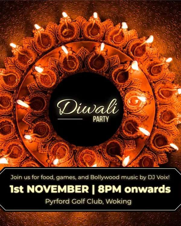 This poster for a Diwali party at Pyrford Golf Club shows the kind of festive events I love to DJ. I provide the perfect Bollywood music backdrop for an evening of food, games, and celebration.