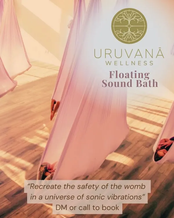 (Hero Item) Experience our Floating Sound Bath, a signature offering designed to recreate the safety and serenity of the womb. Cocooned in a soft aerial hammock, you will be suspended in a universe of sonic vibrations, allowing for deep relaxation and cellular integration.