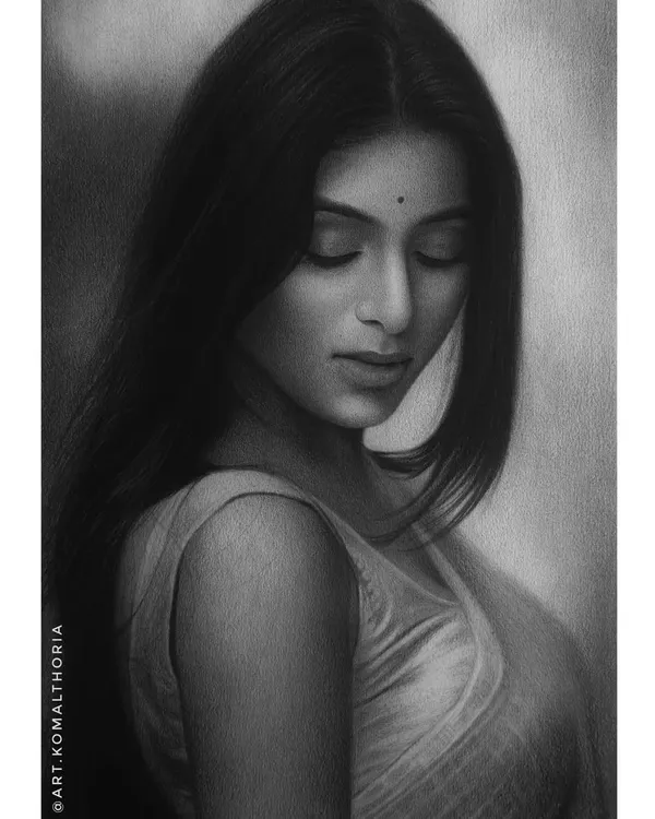 A serene portrait of Rosi Das, where I focused on creating a beautiful play of soft tones and light. This piece is an example of how I use subtle shading to convey emotion.