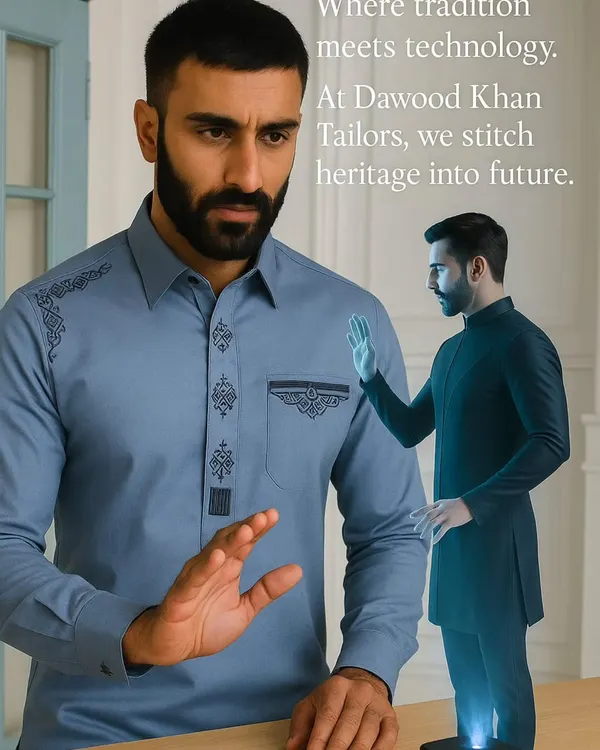 Where tradition meets the future. This sky-blue kurta set blends classic craft with modern design, featuring subtle embroidery and a sharp collar. It is available with both shalwar and pant options.