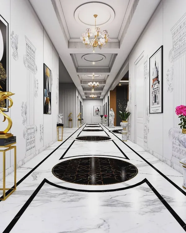 This grand residential corridor sets a tone of opulence from the moment you enter. I used contrasting black and white Italian marble flooring with custom inlays and neoclassical wall details to create a dramatic and timeless entryway. The coffered ceiling and crystal chandeliers add layers of sophistication and light.