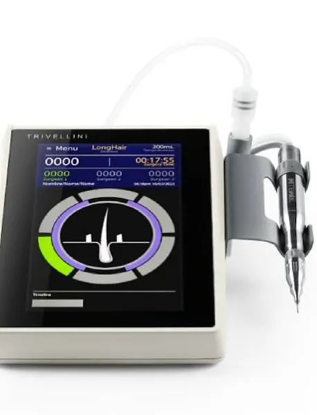 This is the Trivellini "Mamba" FUE device, one of the most advanced hair restoration tools in the world. Its multiphasic system changes its motion as it penetrates the scalp, allowing for cleaner, more precise graft extraction.