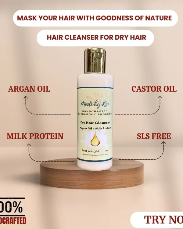 For those with dry, brittle hair, I created this Dry Hair Cleanser. It's enriched with hydrating Argan oil, strengthening milk protein, and nourishing castor oil. This 100% handcrafted, SLS-free formula gently cleanses while restoring moisture and shine.