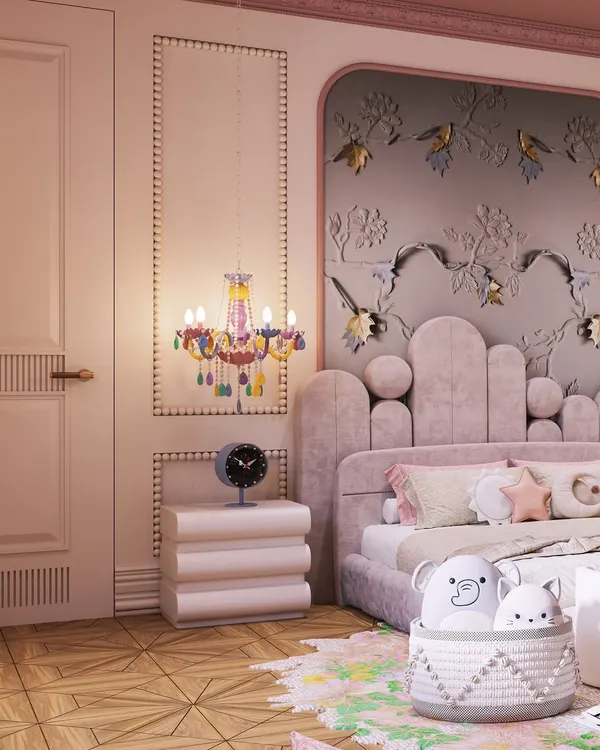 A whimsical children's room where a colorful chandelier and embossed floral wall create a fairytale atmosphere. The render focuses on the playful details and soft pink palette.
