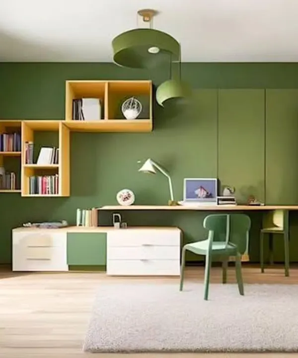 This study zone is designed for focus, using a calming green color palette. The long desk provides ample workspace for two, with a mix of open and closed shelving for books and supplies.