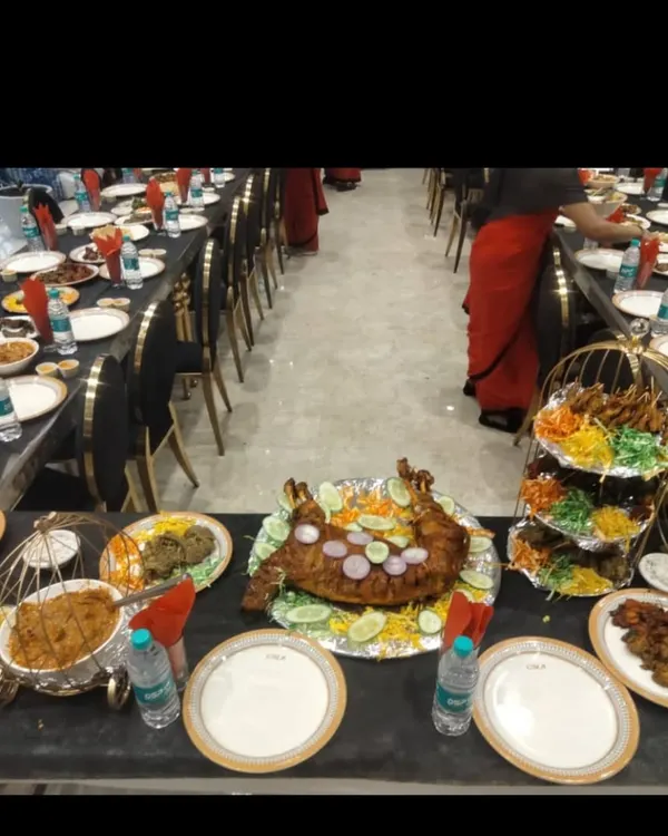 A beautifully arranged banquet table for a wedding reception. We provide everything from the tablecloths to the centerpiece dishes.