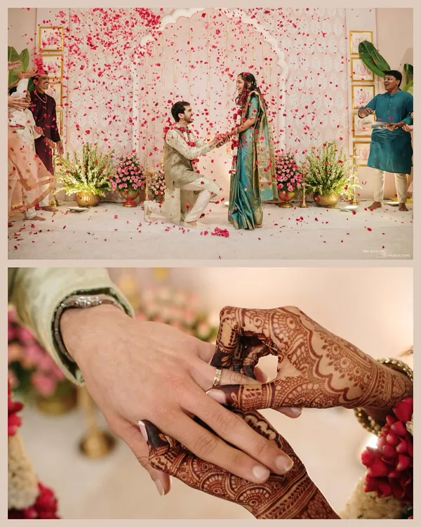 A dual-frame story of the proposal: the wide shot showing the magical moment with falling petals, and the close-up capturing the detail of the ring exchange.