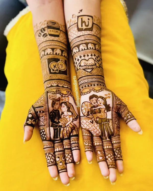 I love bringing a couple's unique journey to life on their hands. For this beautiful engagement mehendi, we wove in so many personal details: portraits from their favorite memories, the logo of the app where they first connected, and even a cup of their favorite coffee. It’s your story, told in henna.