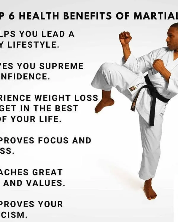 This graphic outlines the top six health benefits of training in martial arts with us, from building self-confidence and focus to improving your overall athleticism and leading a healthy lifestyle.