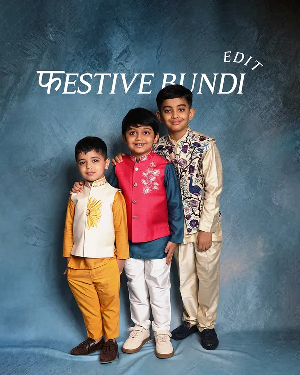 The Festive Bundi Edit. This shot showcases three of our most popular Bundi sets, from a sunny yellow sunflower design to a vibrant red lotus and a regal peacock embroidered jacket.