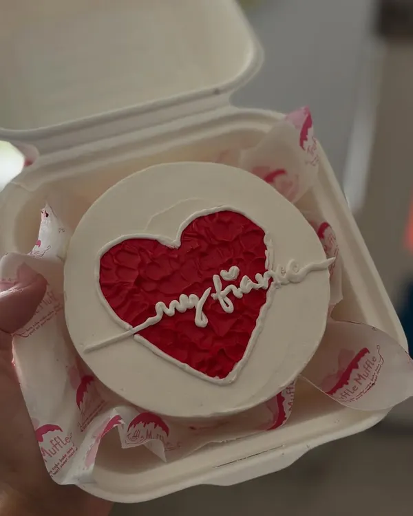 A simple and sweet bento cake for a fiancé. The textured red heart and delicate piping make it a romantic little gesture.
