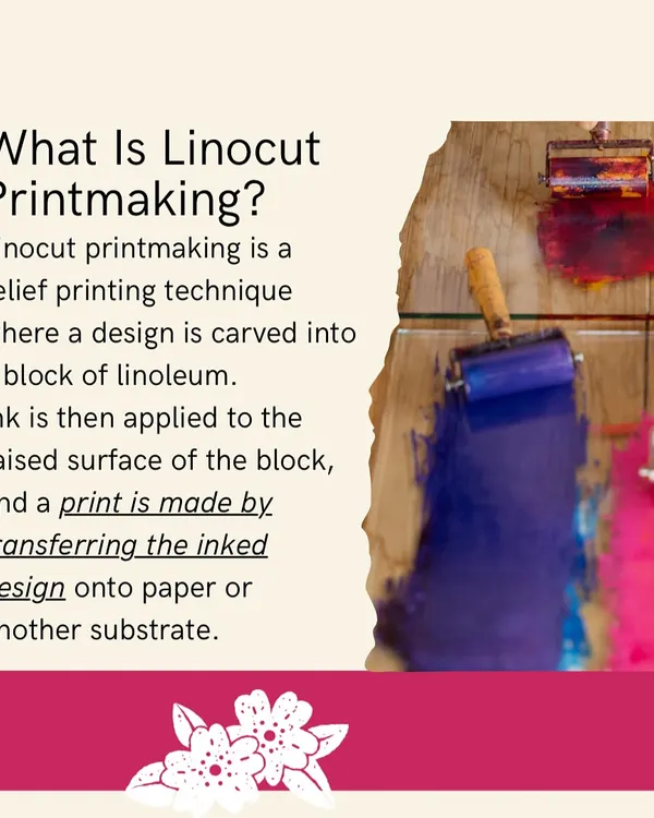 So, what is linocut printmaking? It's a relief printing technique where you carve a design into a linoleum block. We then apply ink to the raised surface and press it onto paper to create a print.