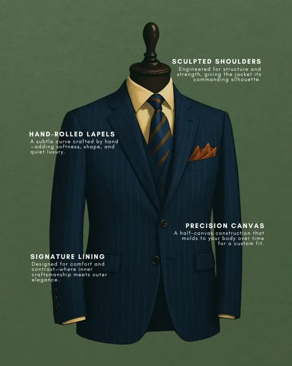 This is the anatomy of our suit jacket. We focus on details like sculpted shoulders for structure, hand-rolled lapels for a soft curve, and a half-canvas construction that allows the garment to mold to your body over time, creating a truly personal fit.