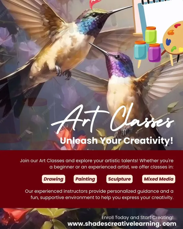 Our comprehensive art class flyer, inviting you to unleash your creativity in drawing, painting, sculpture, or mixed media.