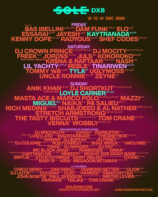 The full lineup poster for Sole DXB, a major street culture festival in Dubai. Being featured alongside global names like Loyle Carner and Kaytranada shows my standing in the international scene.