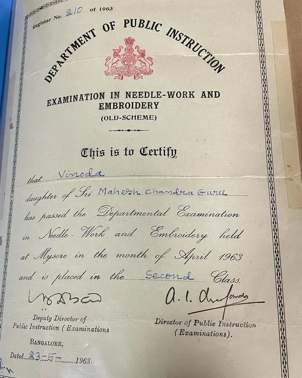 My mother's certificate from the Department of Public Instruction for passing her examination in Needle-Work and Embroidery in April 1963. This is a treasured piece of my family's history and my legacy.