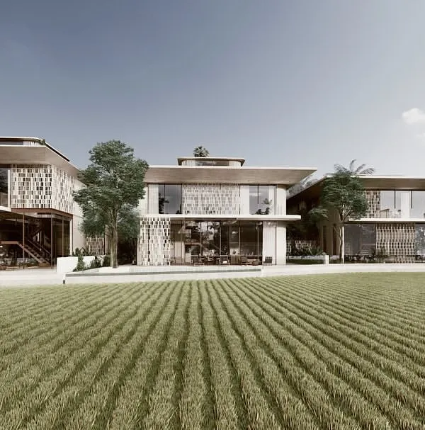 For our "Pavilions in the Fields" project, the architecture is designed to be a quiet observer of the vast landscape. These three homes are placed as minimalist pavilions, using a language of solid stone and transparent screens to create a dialogue between the structure and the unending paddy fields.