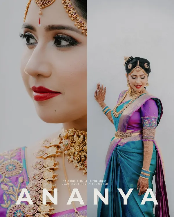 A stunning diptych of the bride, Ananya. The close-up highlights her flawless makeup and traditional jewelry, while the full shot showcases her magnificent blue and purple Kanjeevaram saree.