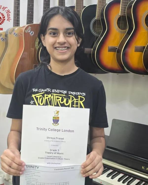 Bravo to Shreya Prasad. We are absolutely thrilled to announce her stellar achievement of 94/100 in the Grade 3 Theory of Music exam, conducted by the renowned Trinity College of Music London.