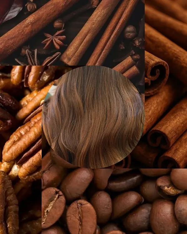 Our mood board for the warm and spicy Cinnamon Brown shade, inspired by natural elements like cinnamon sticks, pecans, and coffee beans.