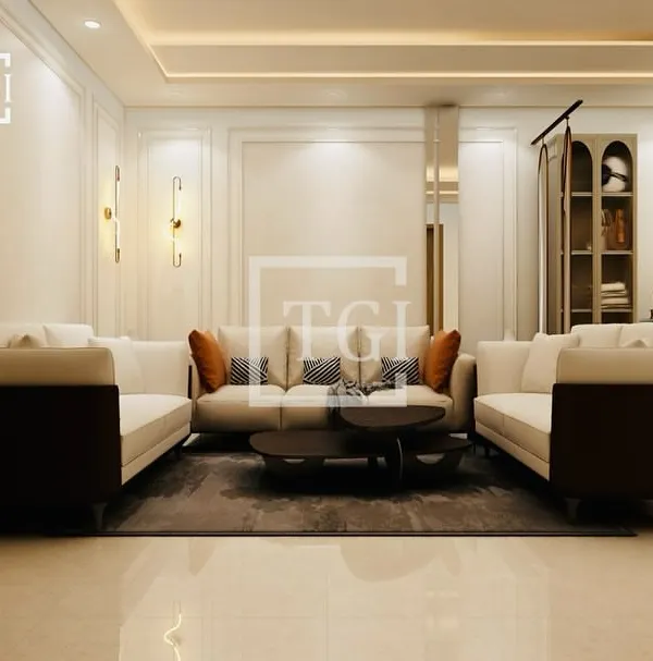This 3D render for a New Delhi project showcases a sophisticated living room design. We used a neutral palette with elegant wall molding, modern furniture, and statement lighting to create a timeless and luxurious feel.