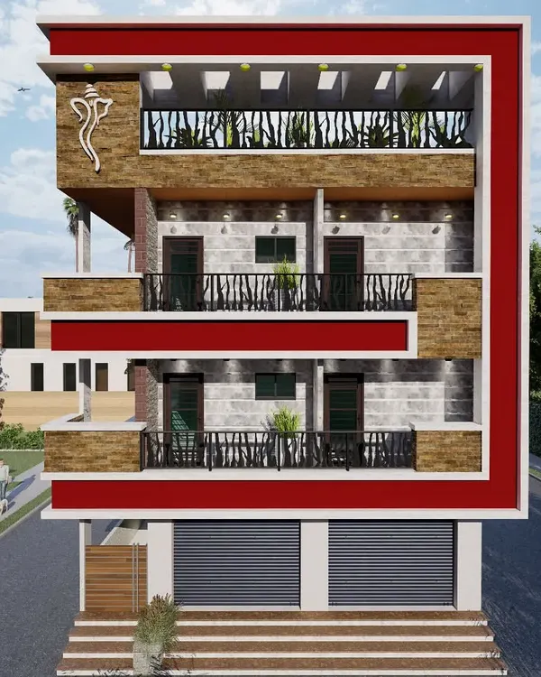 A complete 3D exterior render for a commercial-residential mixed-use building. This design features shops on the ground floor and residential units above, showcasing skills in material application, lighting, and creating a realistic environment in Lumion.